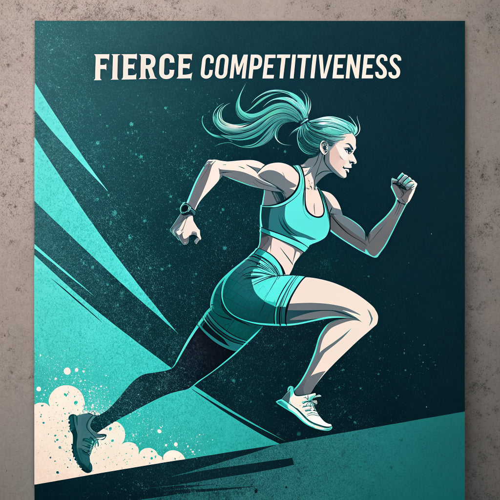 Female athlete in motion — bold athletic graphic in deep teal and turquoise